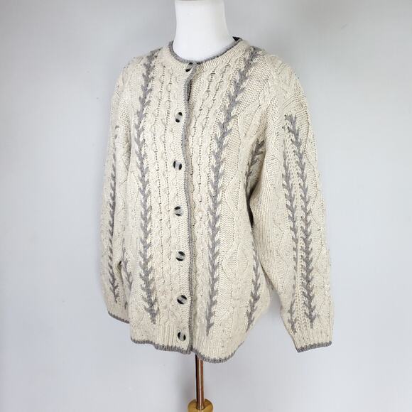 Woolrich Nordic Fisherman Grandpa Cable Knit Cardigan Sweater Cream VTG 90s Sz L - Picture 8 of 16